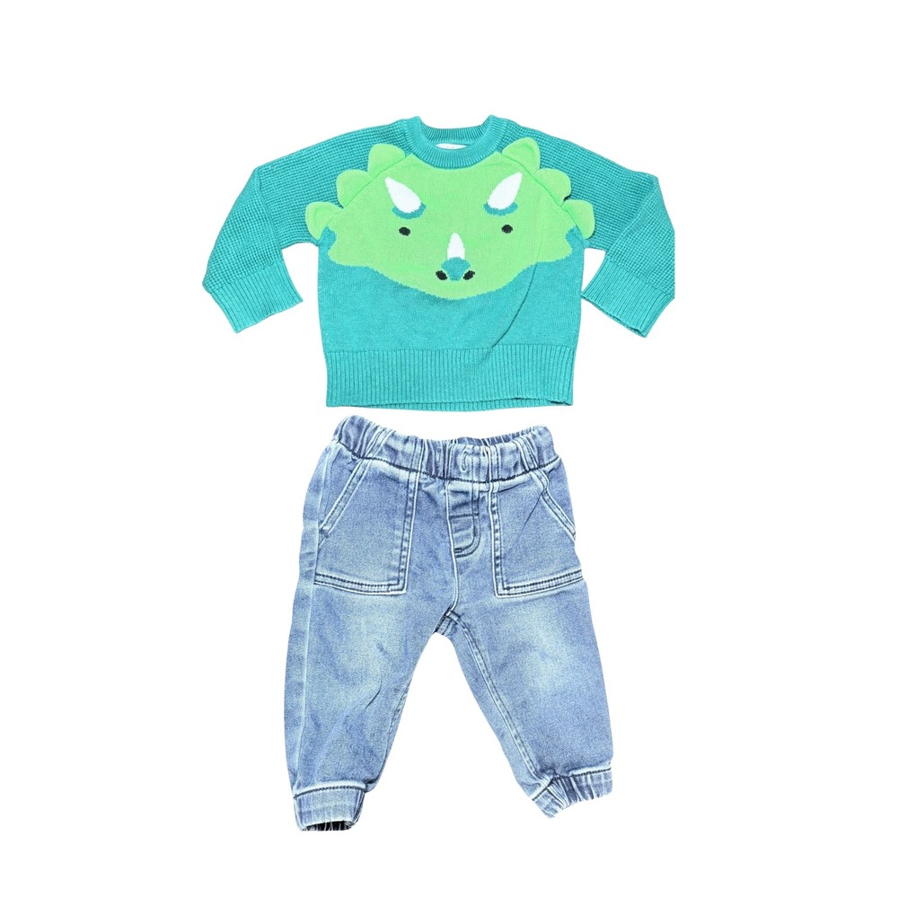 Dinosaur Kidcore Cat & Jack Outfit Set‎ 12M Teal Triceratops Sweater Blue Jeans